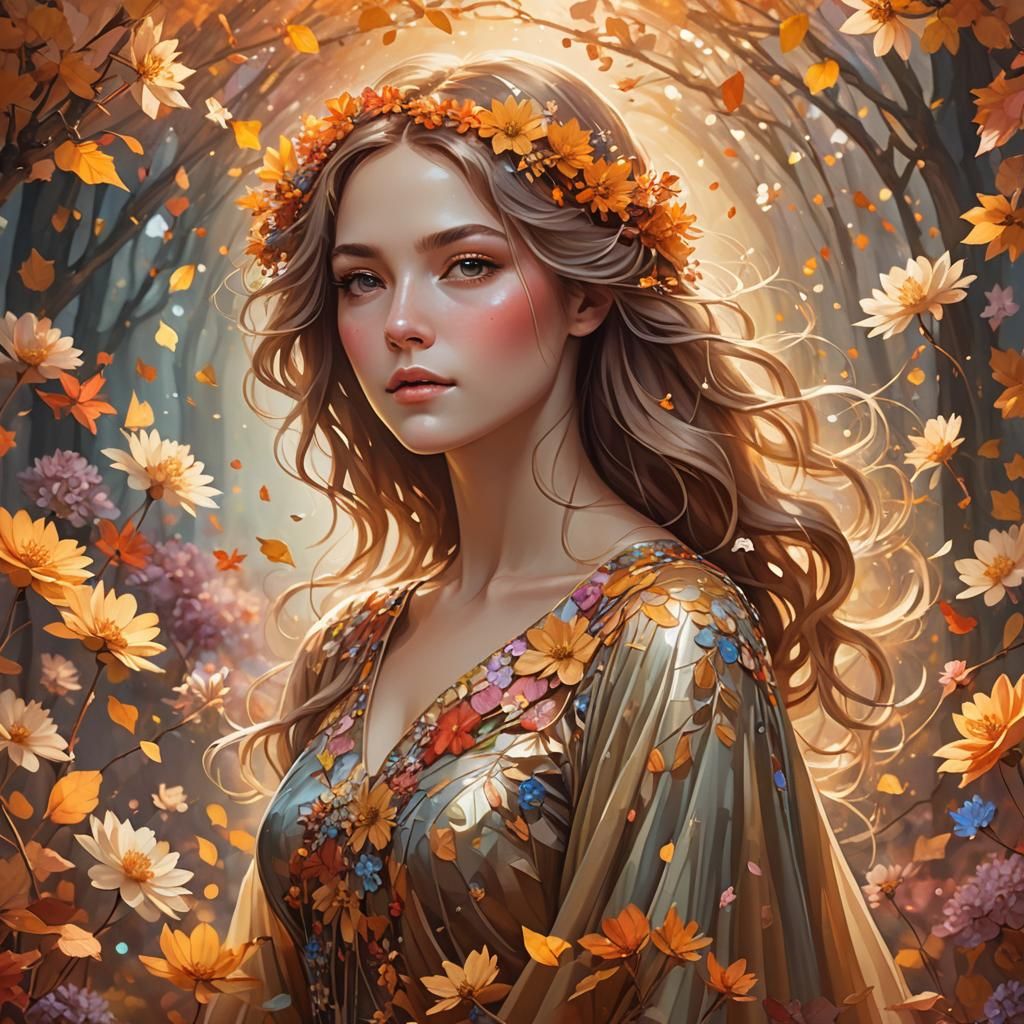 Ethereal Woman in Autumn Flowers, Art Nouveau Portrait