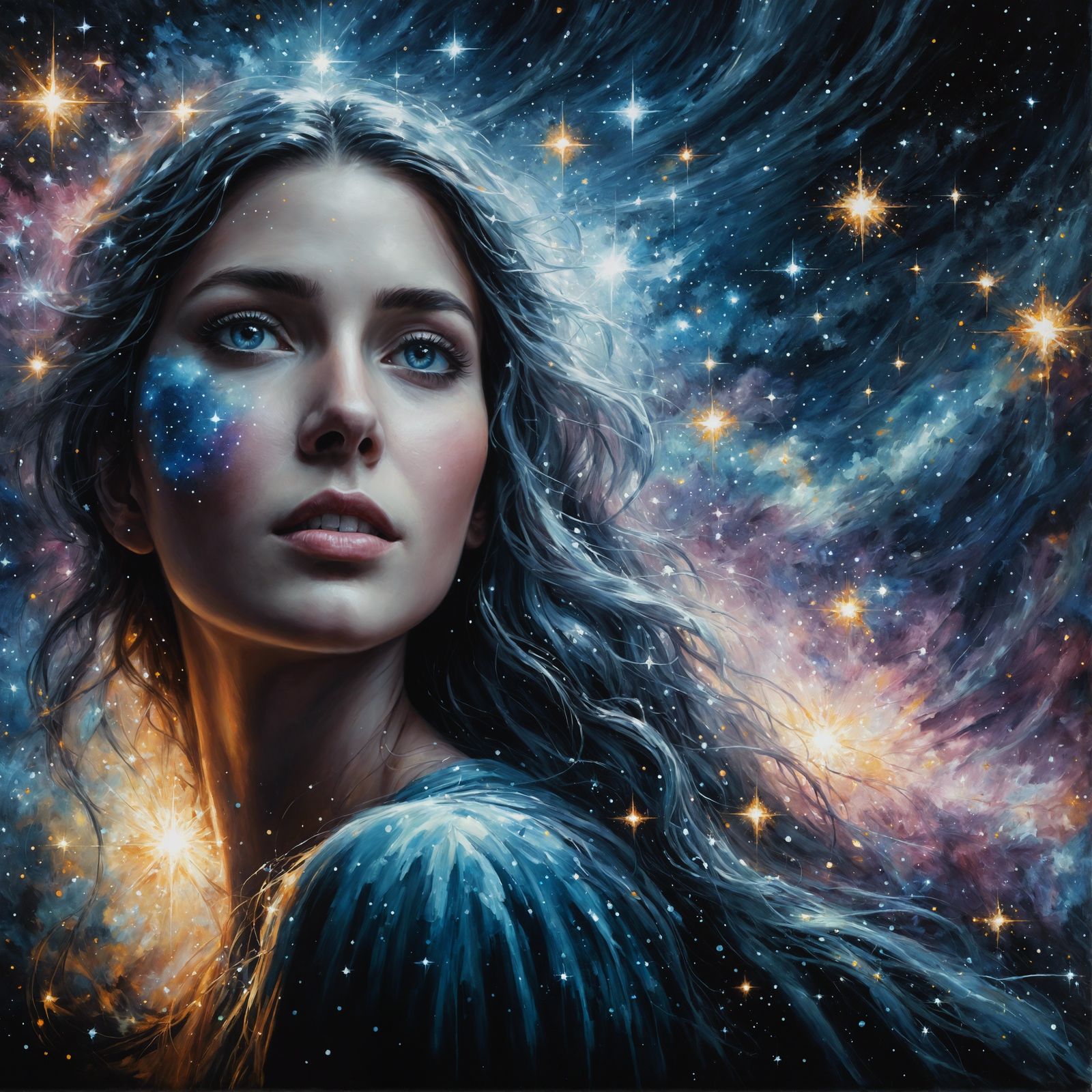 Ethereal Woman in Space: A Detailed Oil Painting