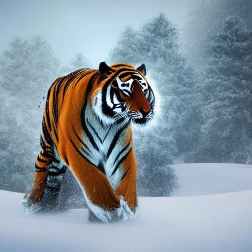 Tiger Prowling Snowy Landscape as Vivid Digital Art