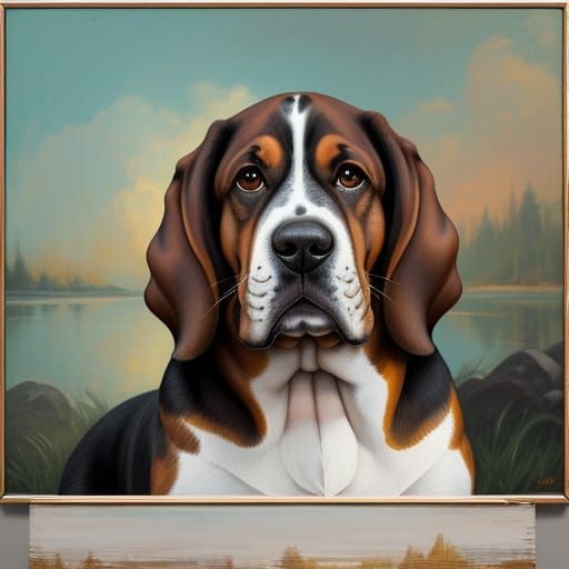 Basset Hound Beside Art in Whimsical Painterly Style