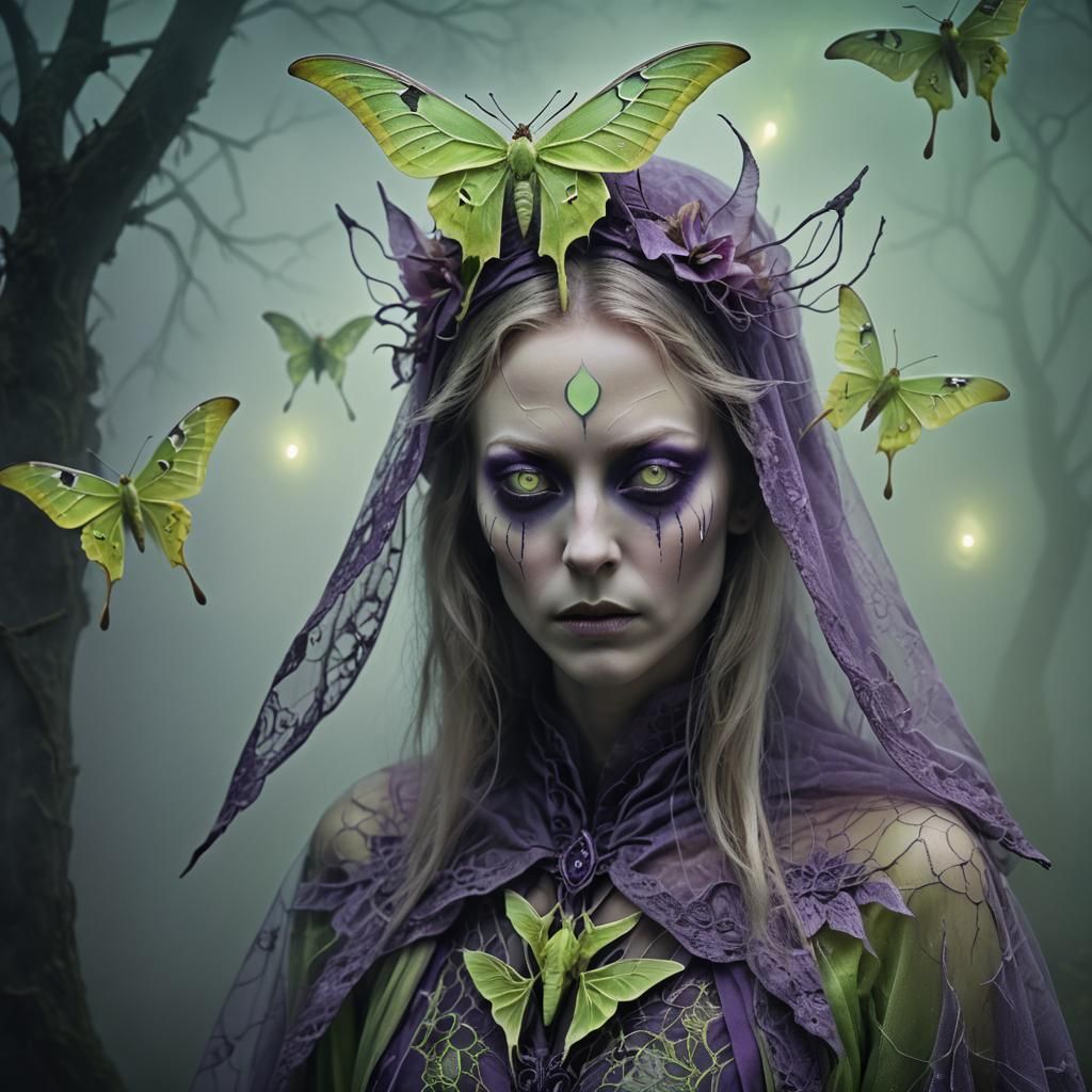 Cultist in Purple Robes with Luna Moths: Dark Surrealism