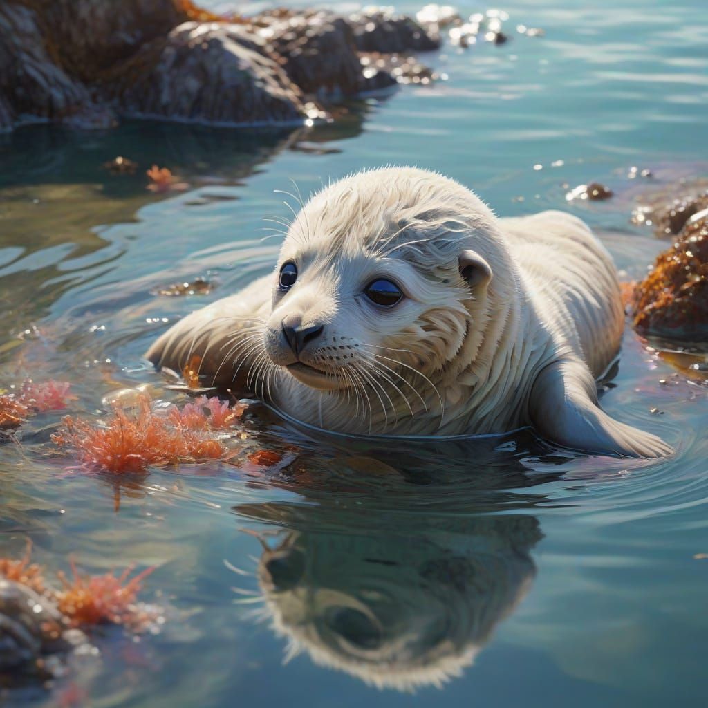 Surreal Seal Pup Frolics in Shimmering Tide Pool