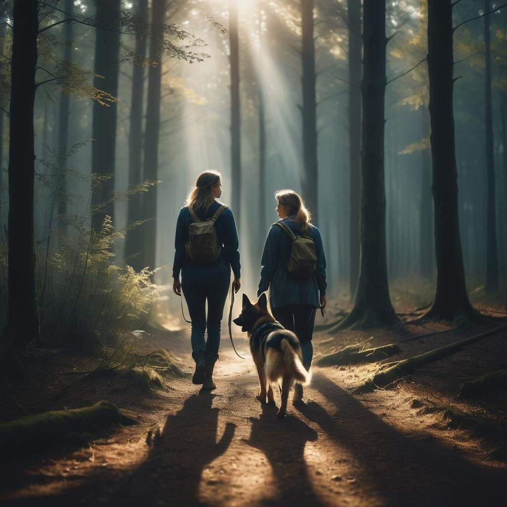 Woman and Dog in Forest: Cinematic Film Still