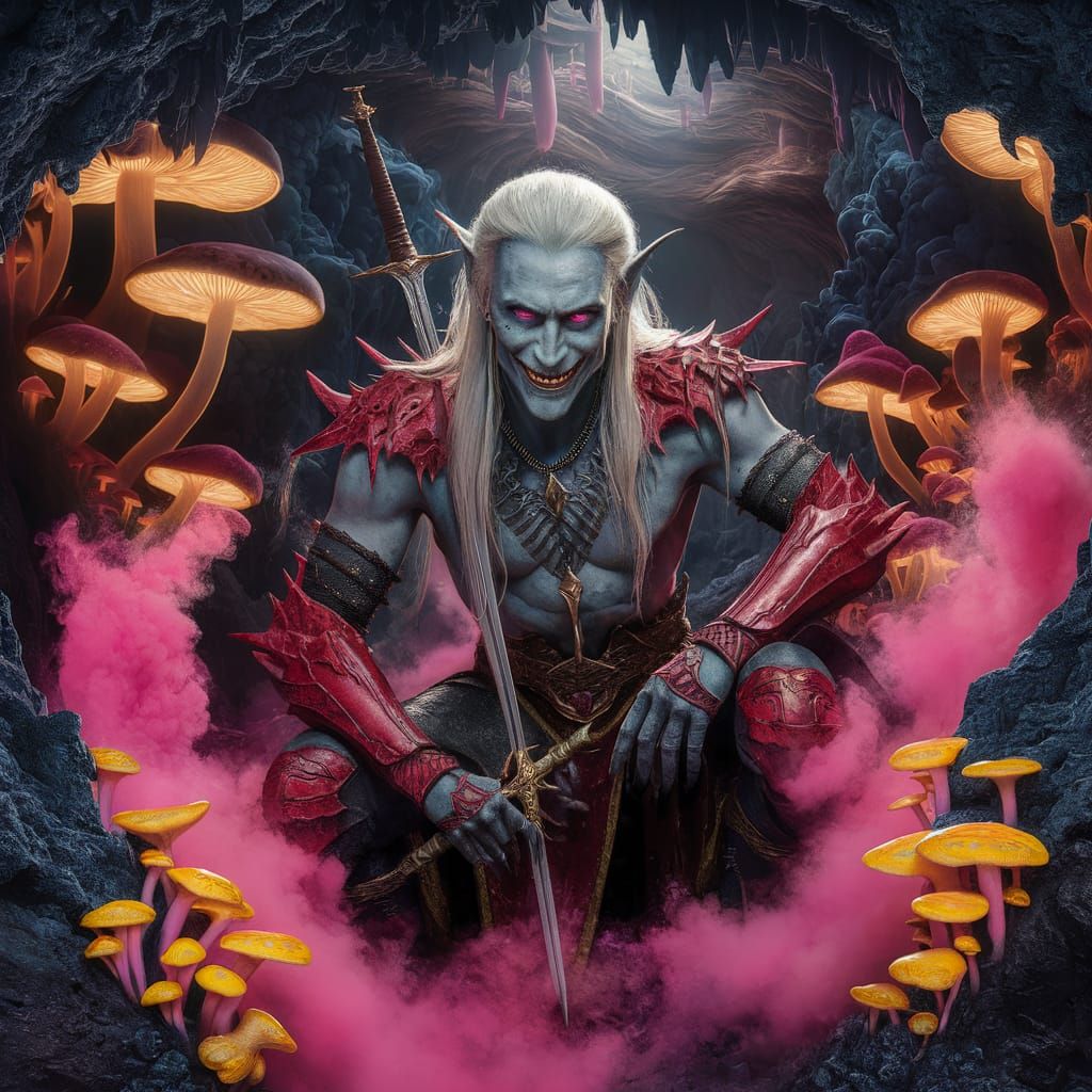 Drow High Priest in Mushroom Grotto, Fantasy Art