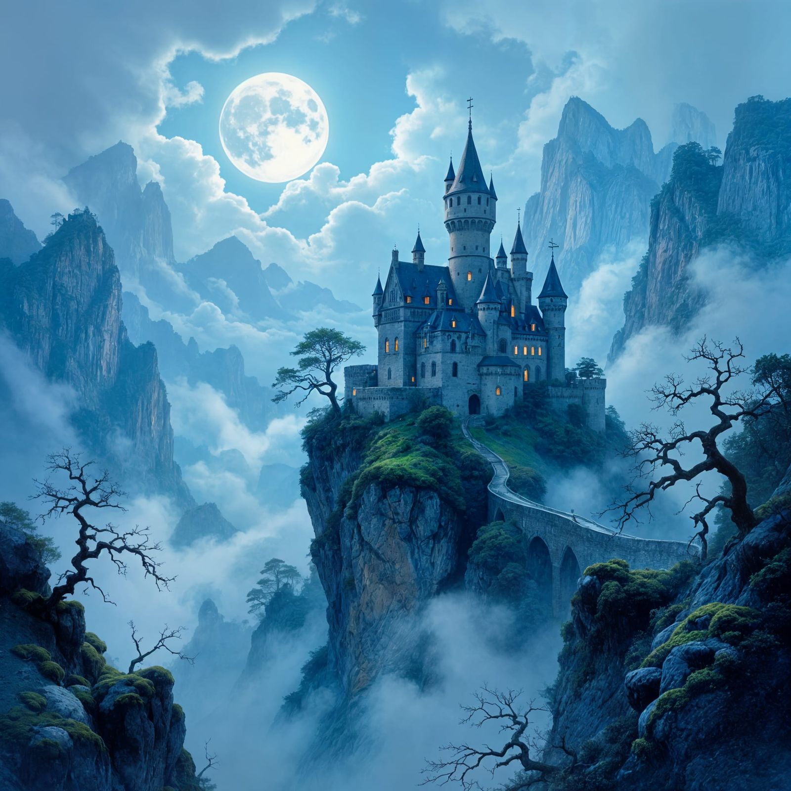 Majestic Castle on Mountain Peak Under Double Moon
