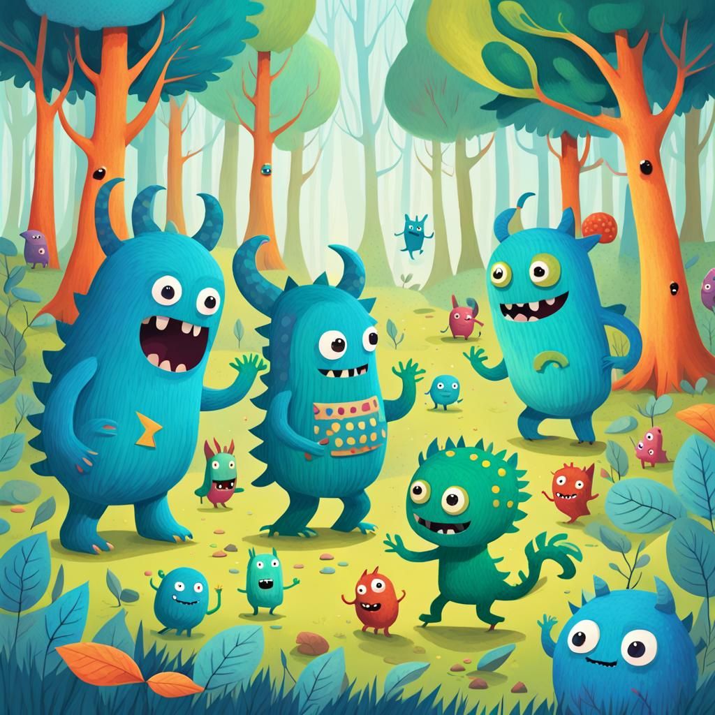 Cute Monsters Play in Whimsical Forest Illustration