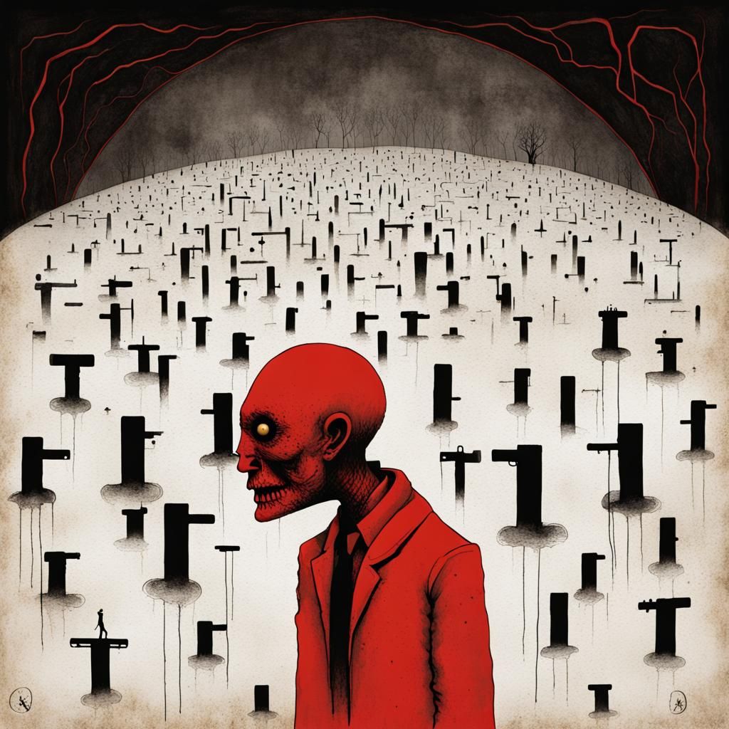 Creeping Consumerism Horror in Red and Black