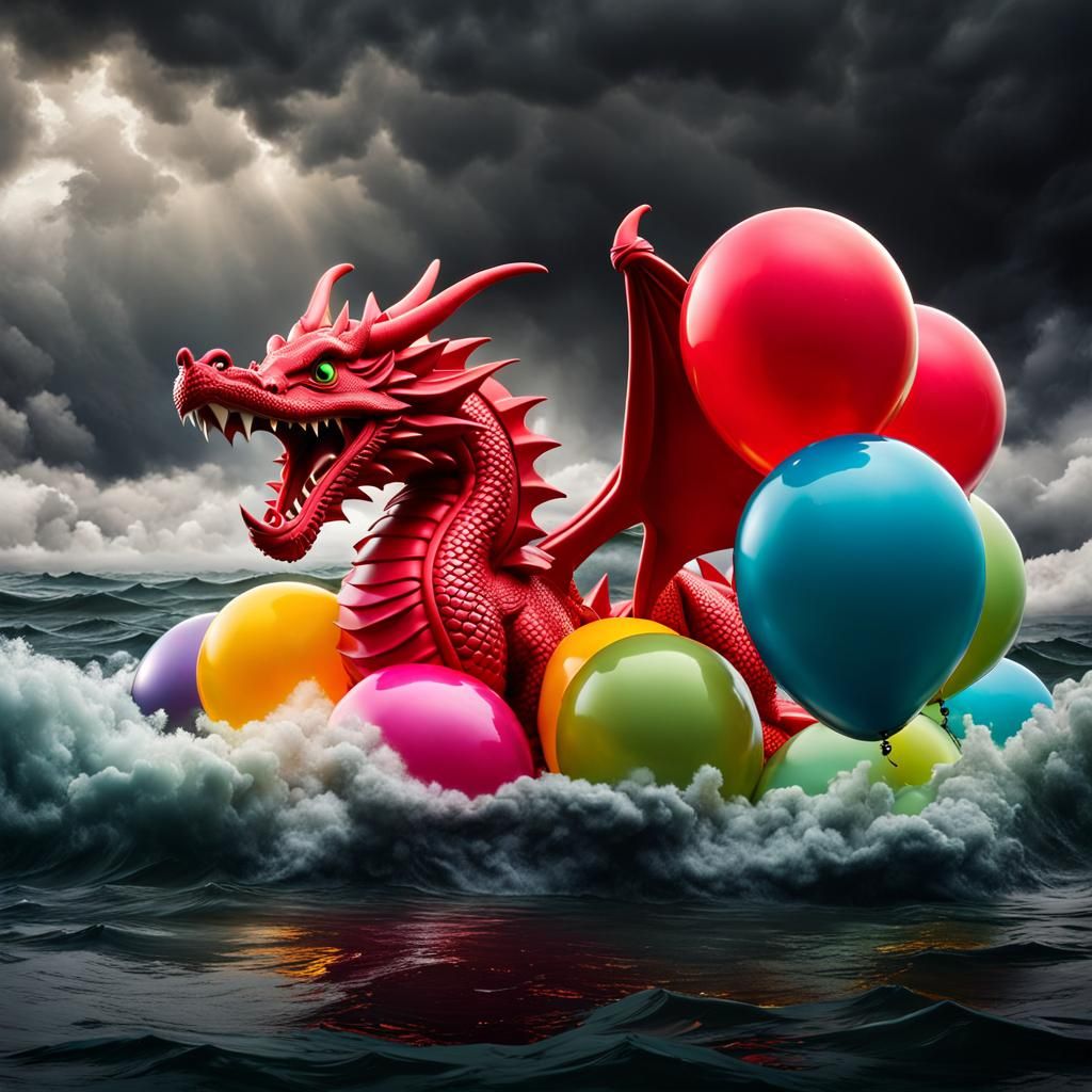 Playful Rubber Dragon Drowning in Balloons