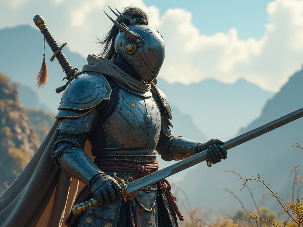 Cyberpunk Korean Warrior in Mystical Landscape