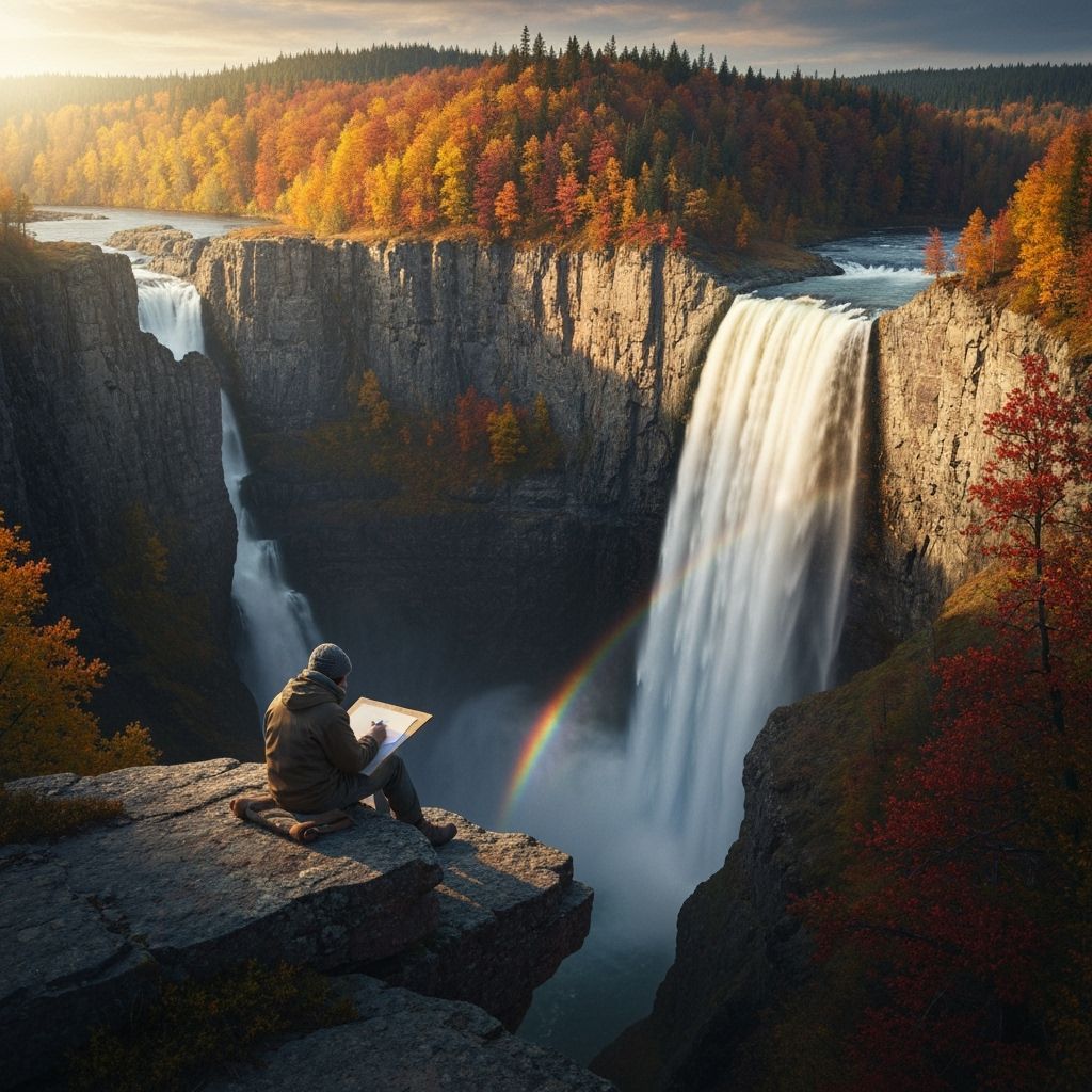 Artist Sketches Majestic Waterfall in Autumnal Glow