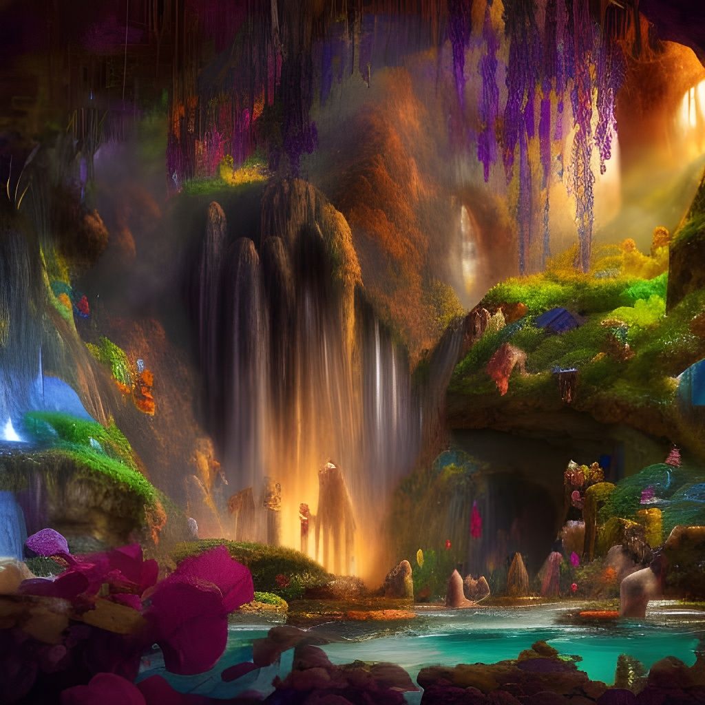 Colorful Cave of Wonders with Waterfall