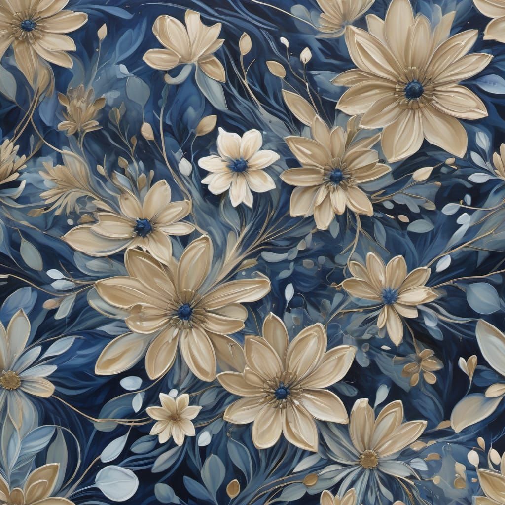 Abstract Floral Painting in Indigo and Khaki Tones