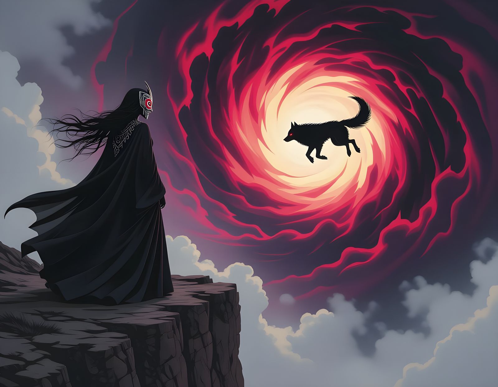 Wiccan Woman and Shadow Wolf Vortex in Digital Art