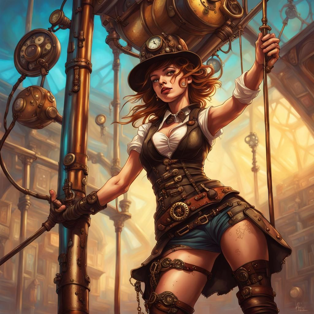 Steampunk Girl Pole Dancing: Hyperrealistic Splash Art