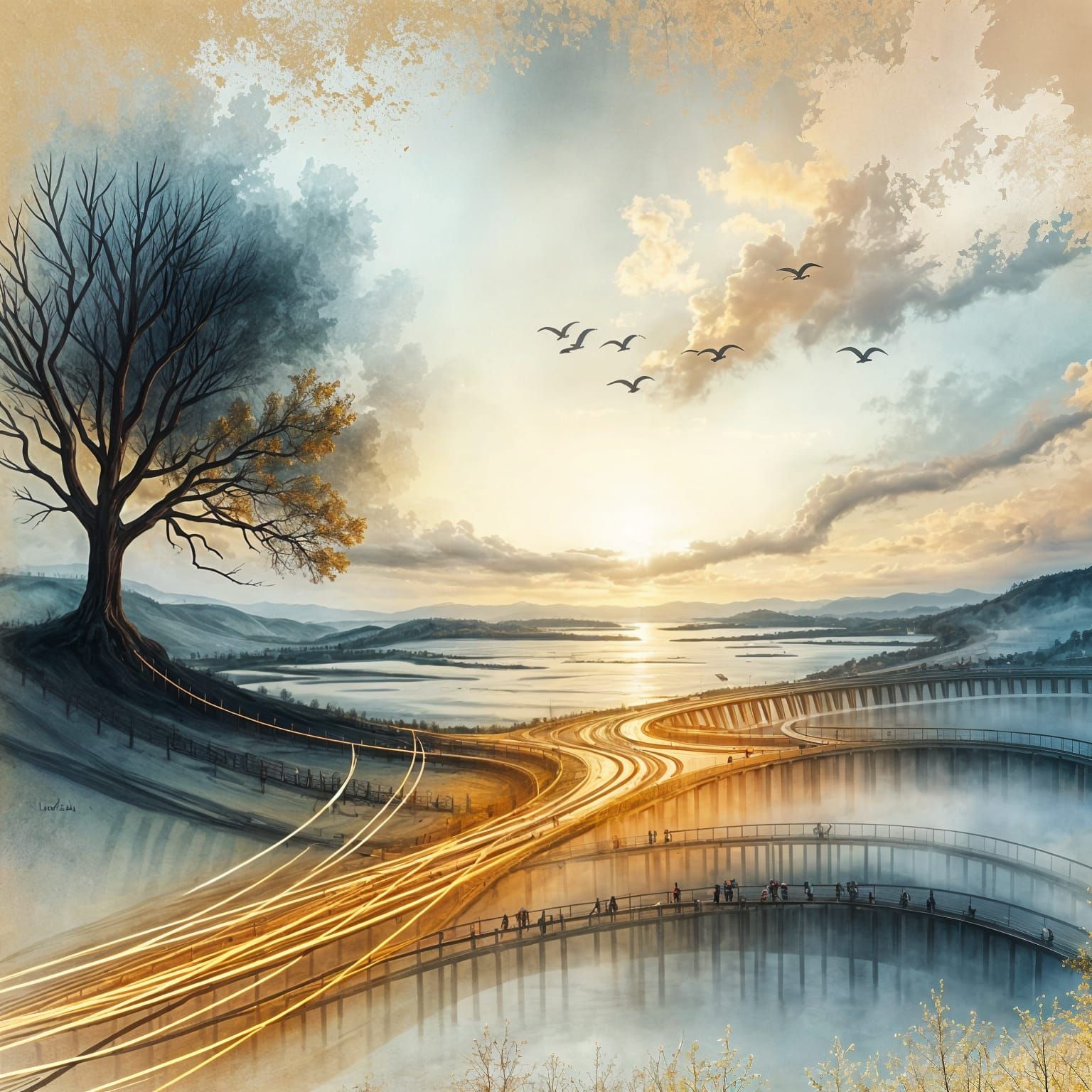 A Lonely Tree in Sunset Hues as Oil and Alkohol Tinted Paint...