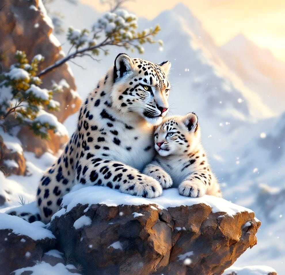 Snow Leopard Family in Watercolor Sunrise