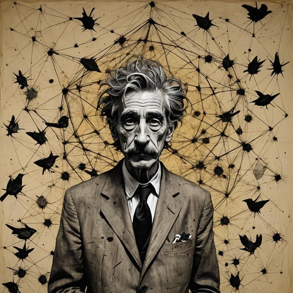 Surreal Portrait with Fish and Stars in Folk Art Style