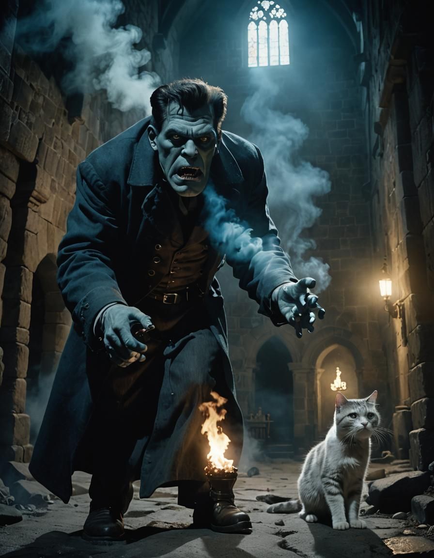 Frankenstein's Monster in Subterranean Church Chasing Cat