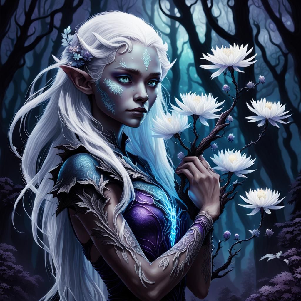 Onyx Elf with Bioluminescent Flowers in Dark Forest