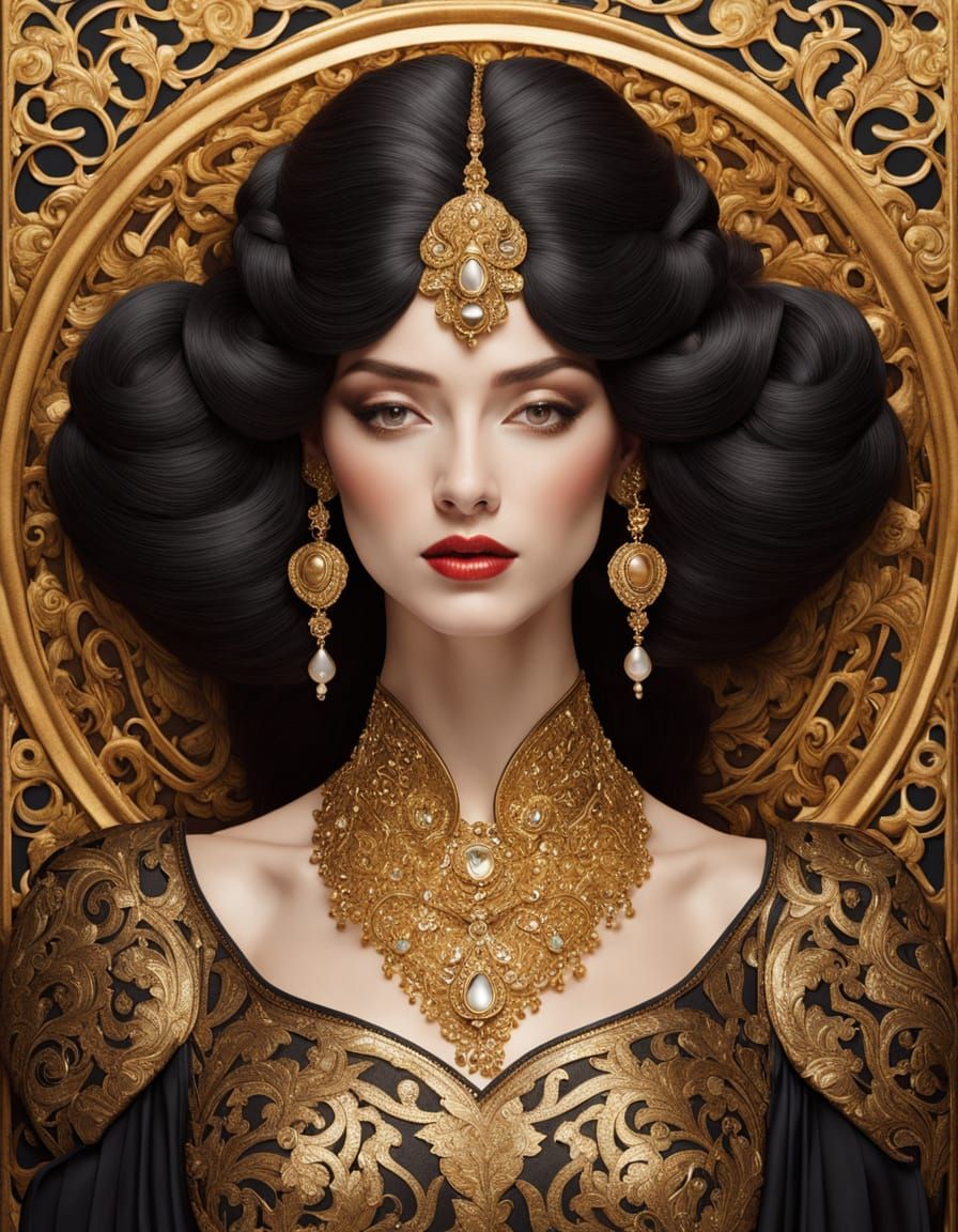 Art Nouveau Woman Presenting Suspects in Gold Frames