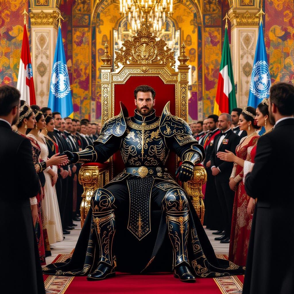 Prince on Throne in Opulent Castle, Gustav Klimt Style