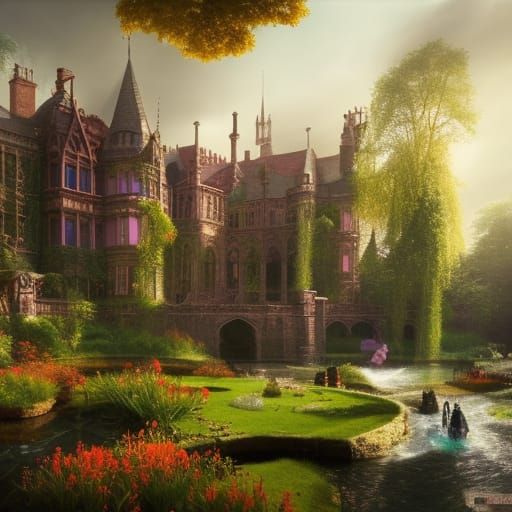 High Gothic Mansion and Water Garden in Sunlight