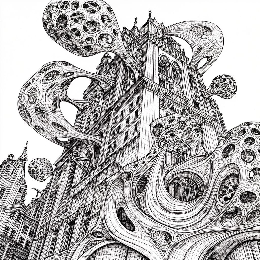 Escher-Inspired Building Drawing in Continuous Spiral Stroke...