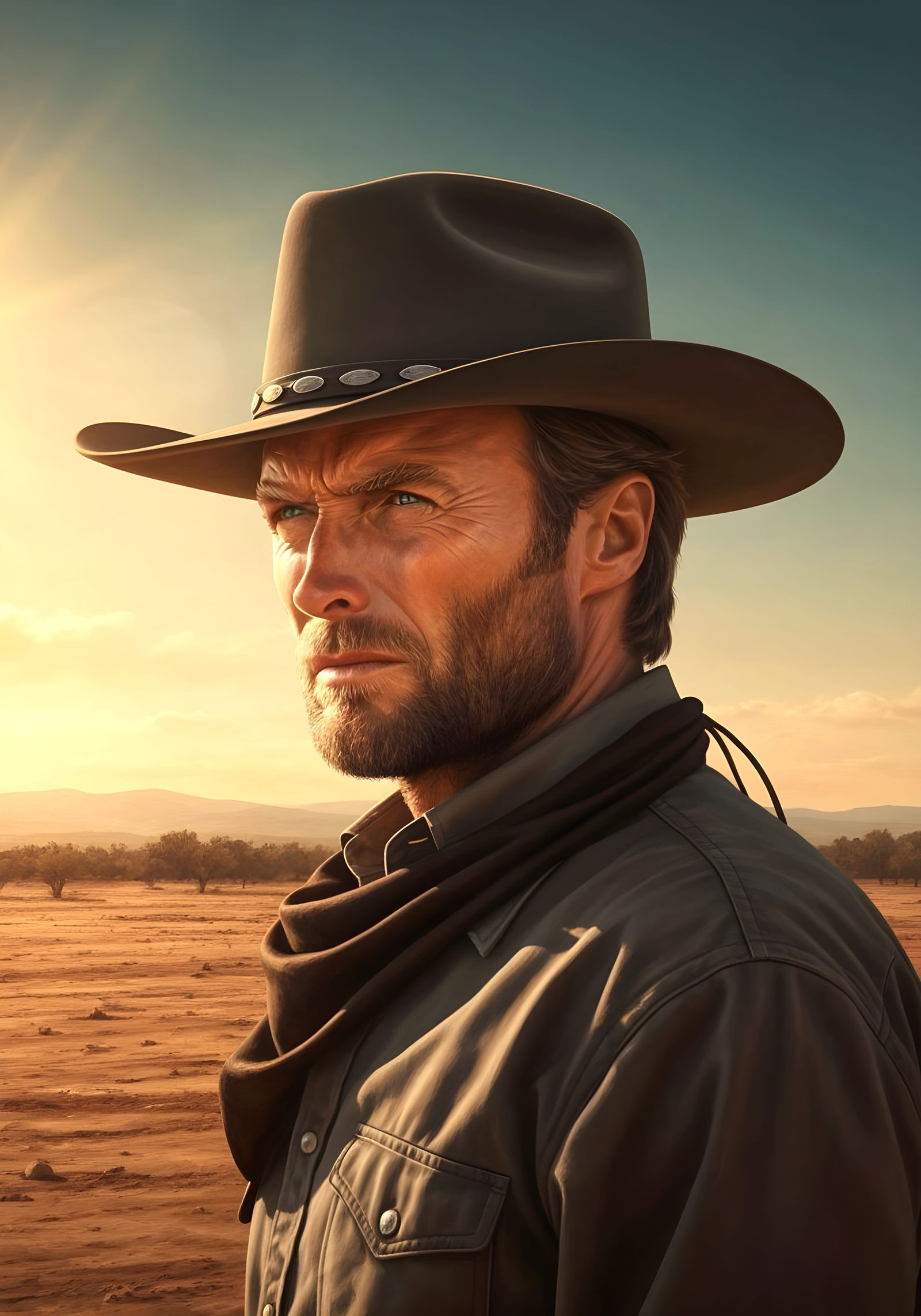 Wild West Cowboy Looks Horizon in Intense Sun