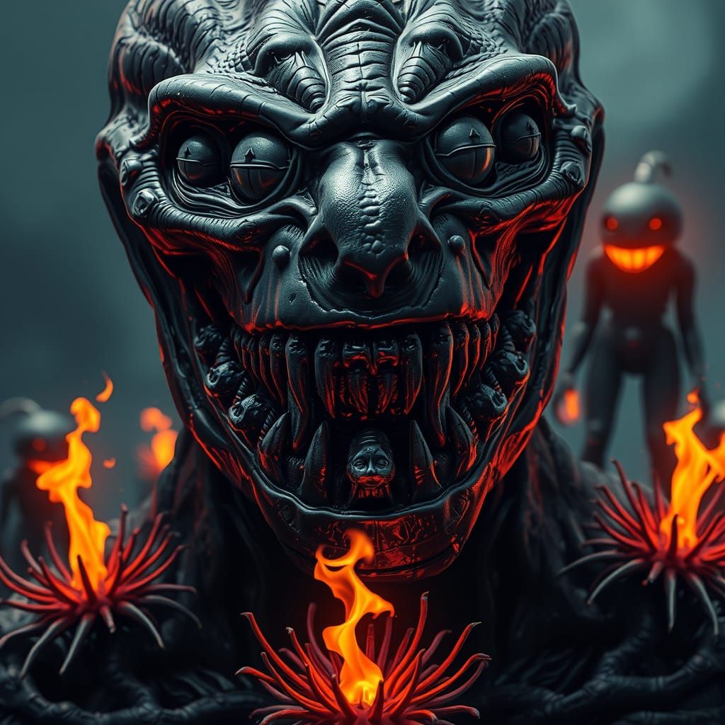 Grotesque Alien Entity in Biomechanical Horror Style