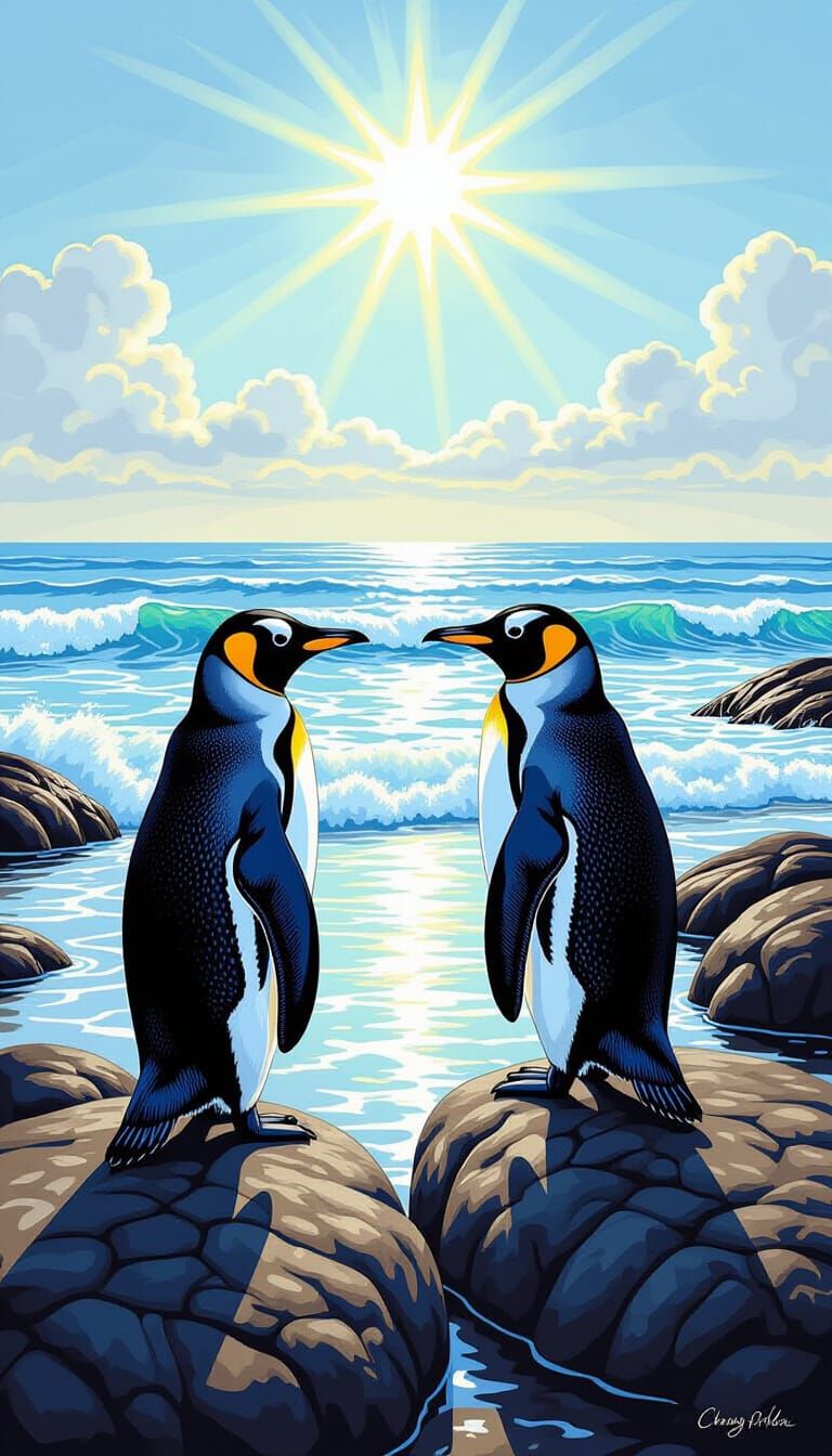 African Penguins on Sunny Coastal Rocks Realistic Wildlife P...