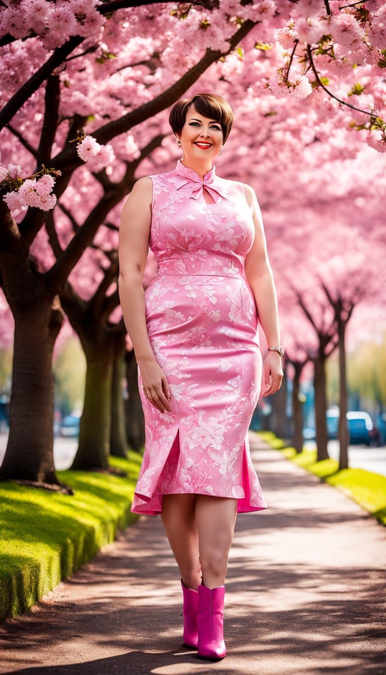 Confident Woman Under Sakura Tree in Vibrant Pink Dress