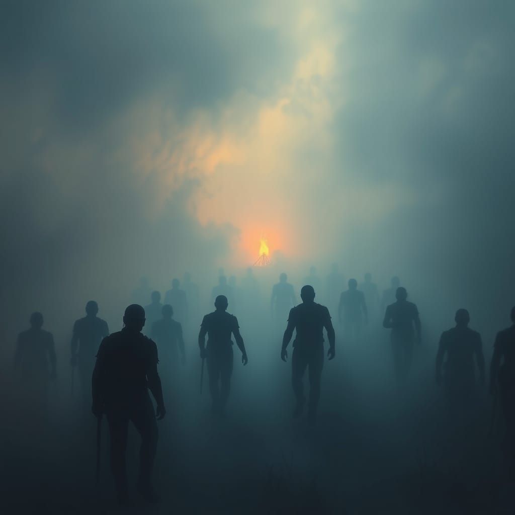 Surreal Silhouetted Figures in Misty Landscape