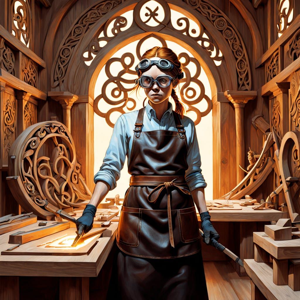 Glowing Celtic Patterns in Majestic Wooden Throne Carved by...