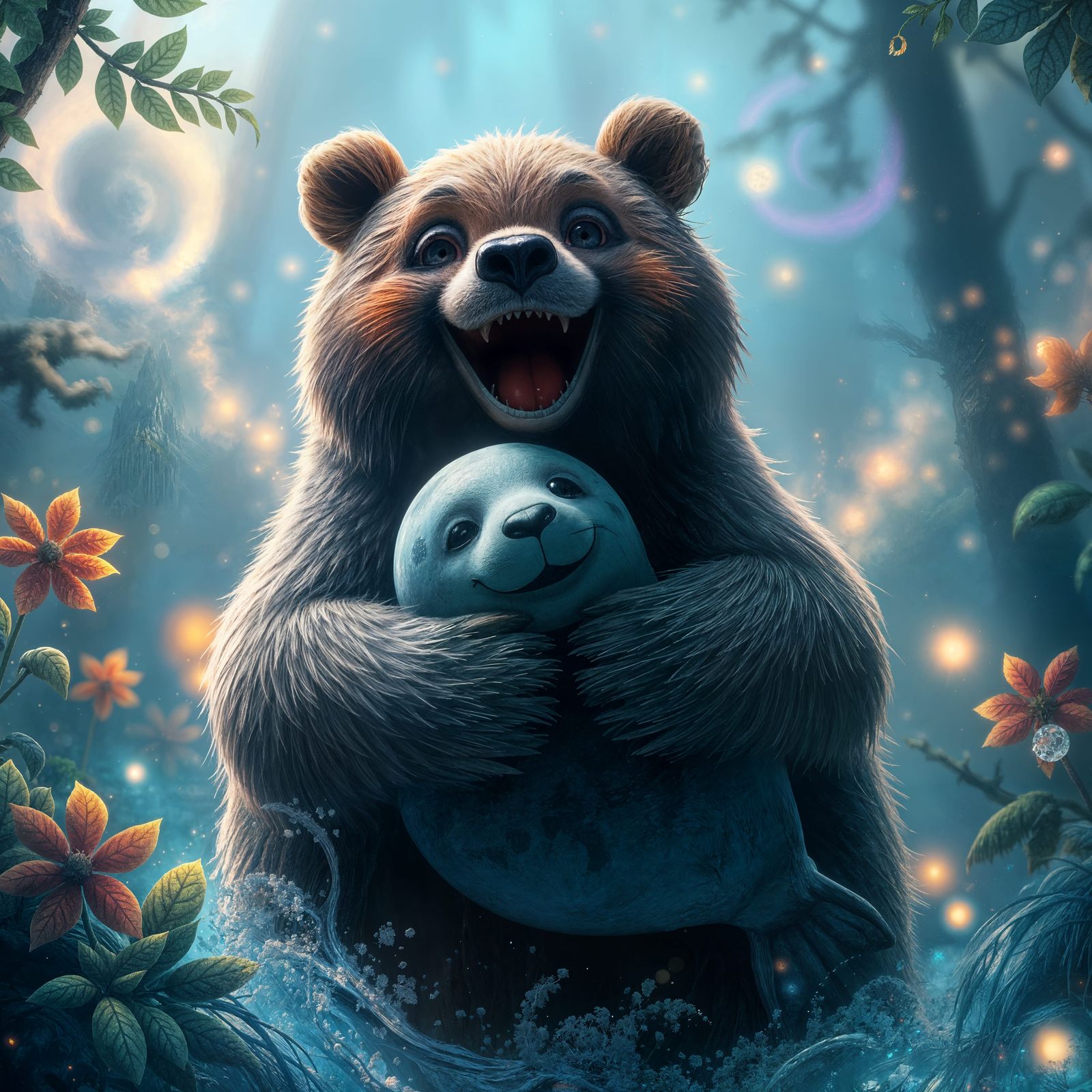 Happy Bear Hugging Seal: Detailed Matte Painting