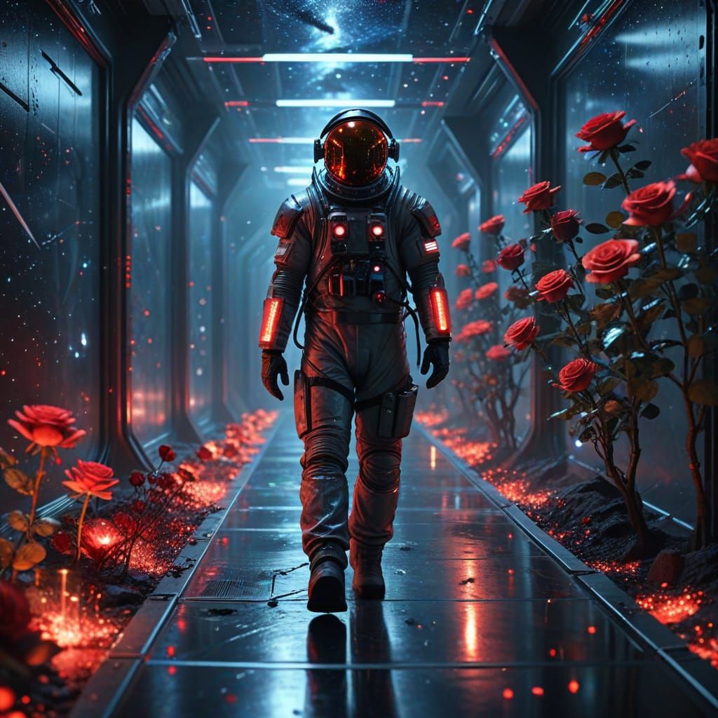 Astronaut Walks Translucent Walkway Among Stars and Nebulas