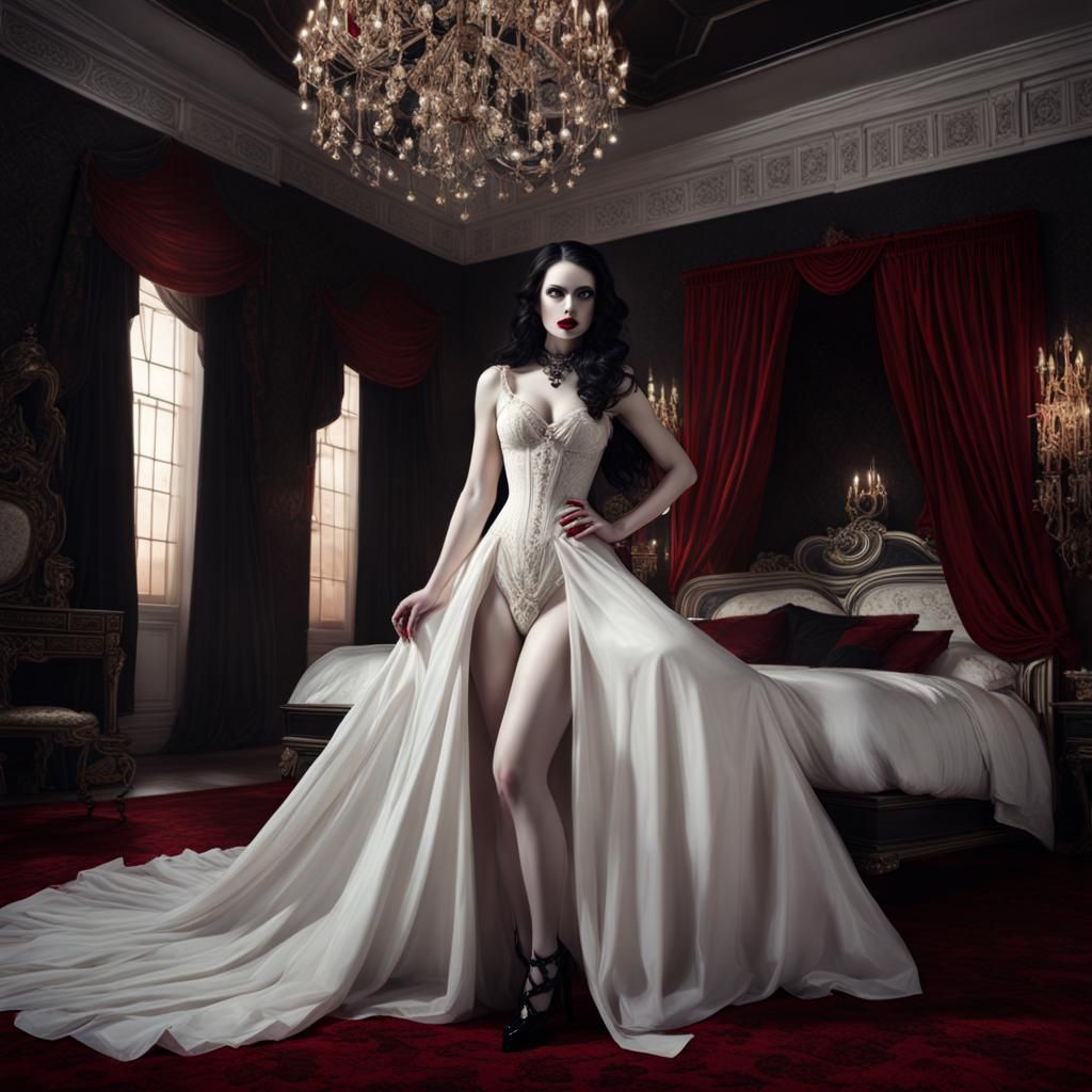 Seductive Gothic Vampire in Bedroom, Digital Art