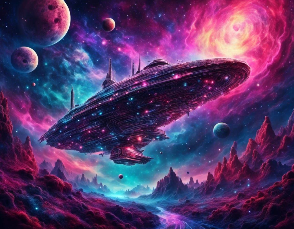 Spaceship travels through Synthwave Nebula