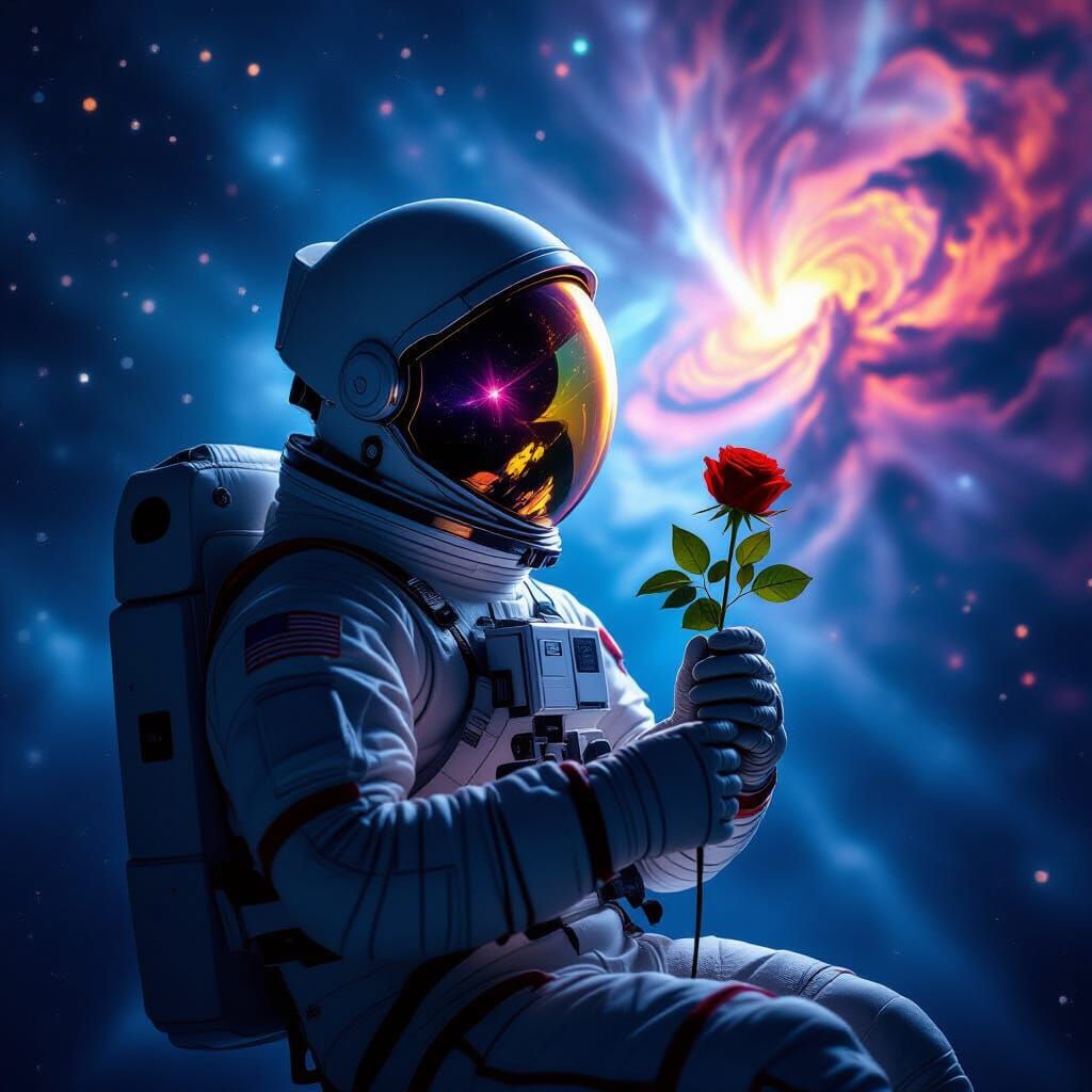 Astronaut Adrift Reflecting Nebula, Holding Red Rose