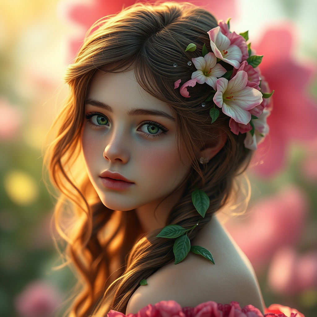 Fantasy Flower Girl Portrait in Art Nouveau Style