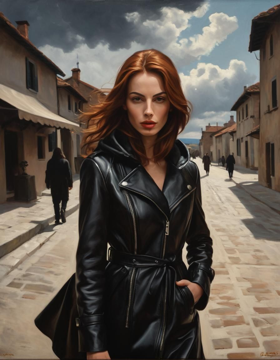 Woman in Village Square: Chiaroscuro Oil Painting