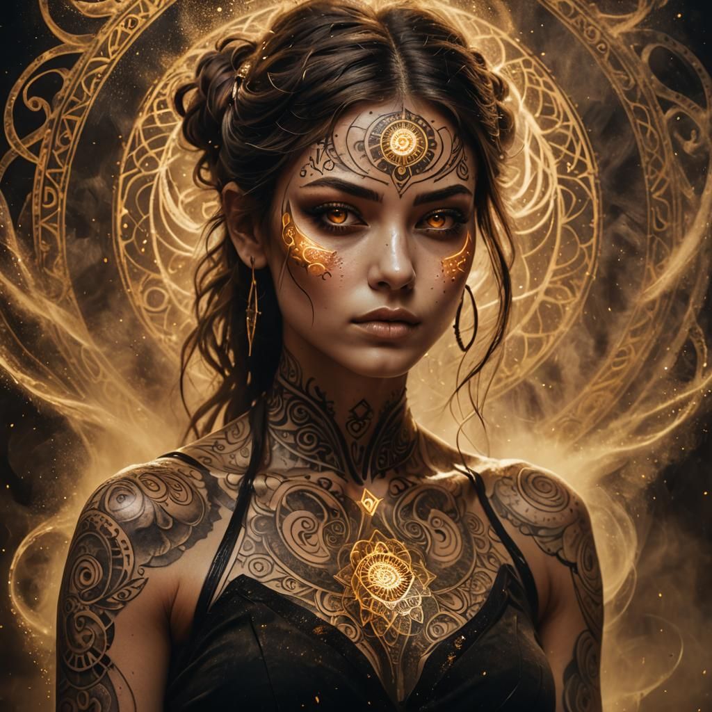 Woman with Glowing Tattoos in a Magical Haze