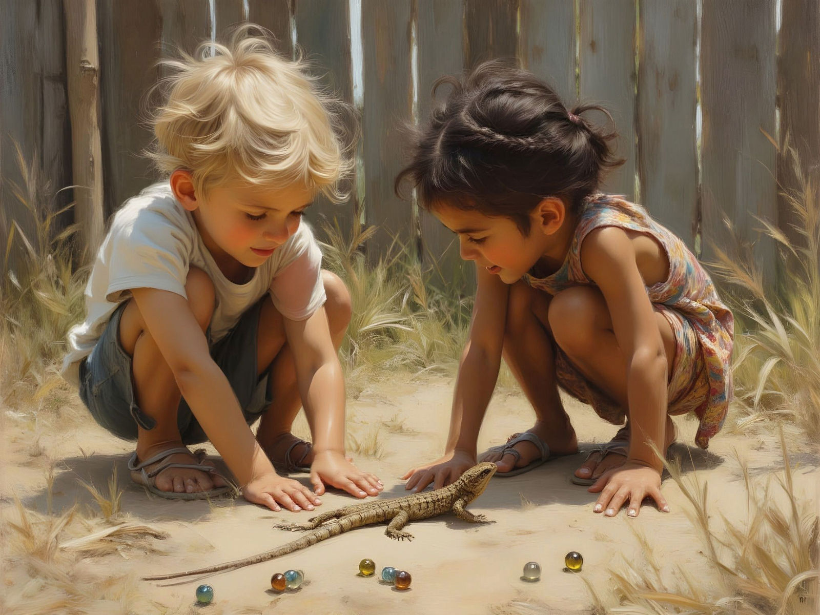 Children Discovering Lizard as Impasto Oil Painting