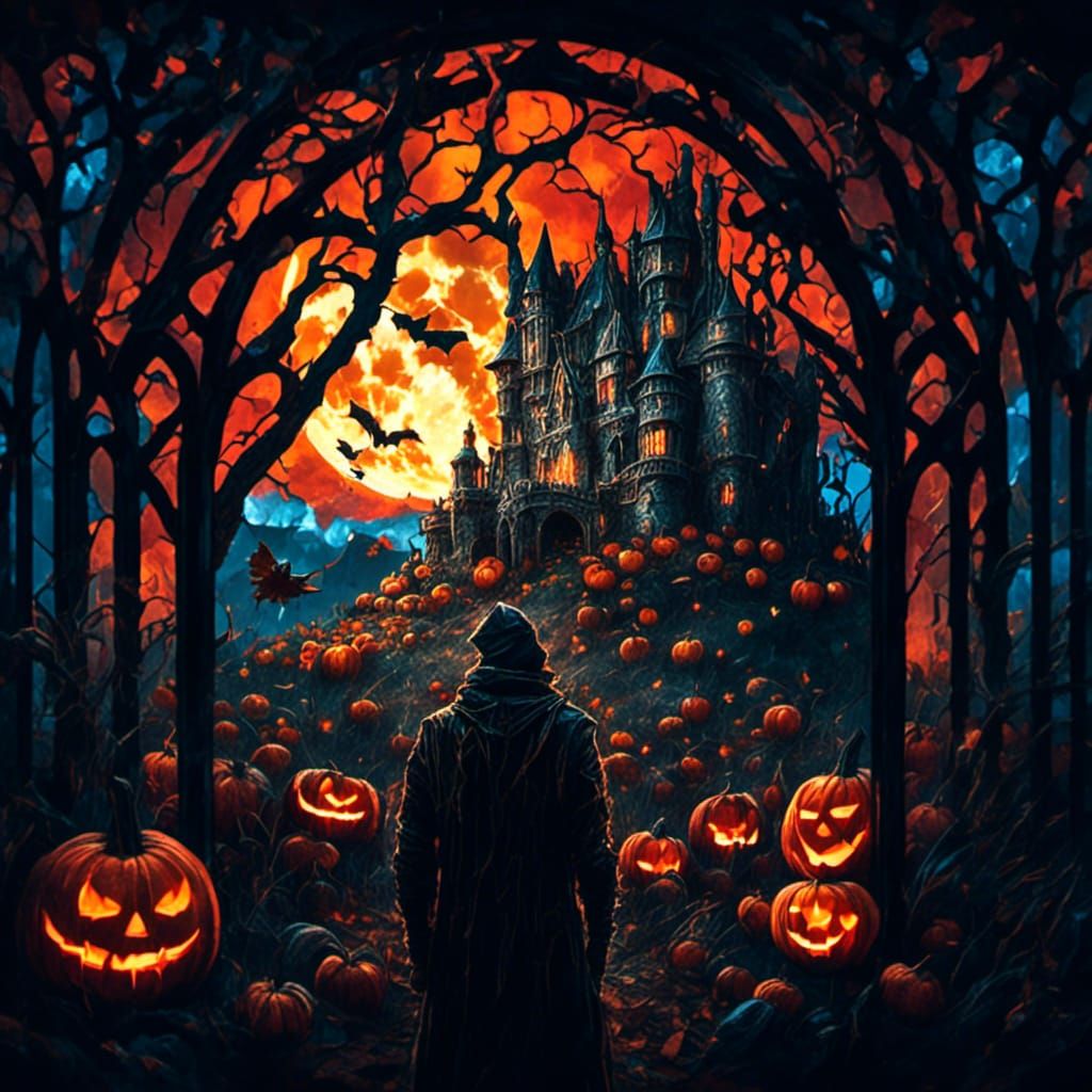 Stained Glass Scarecrow in Pumpkin Field Concept Art