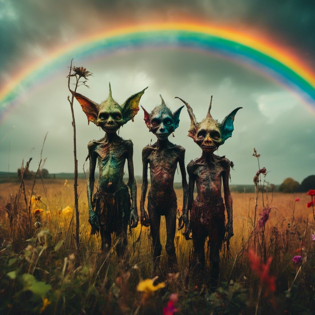 Macabre Goblins Admire a Colorful Rainbow