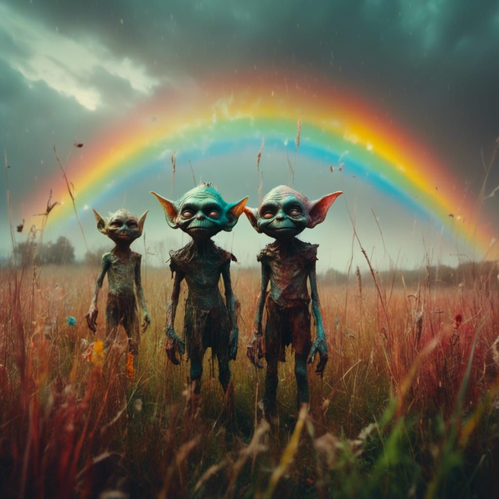 Macabre Goblins Admire a Colorful Rainbow