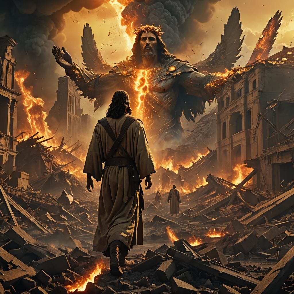 Apocalyptic Jesus Christ in Fiery Landscape