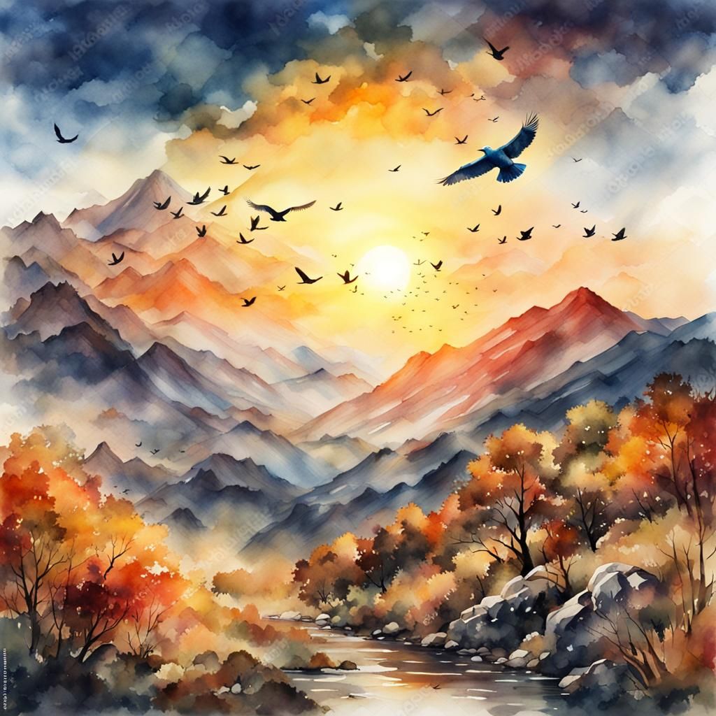 Watercolor Mountain Sunset with Birds