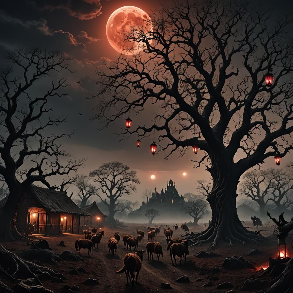 Eerie Farm Under Blood Moon in Dark Fantasy Style