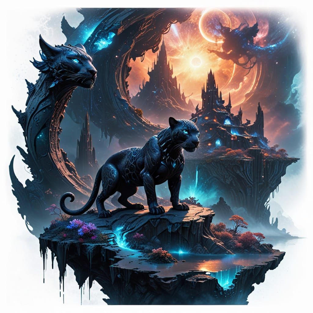 Majestic Shadow Panther in Cosmic Dragon Armor Amidst Swirli...