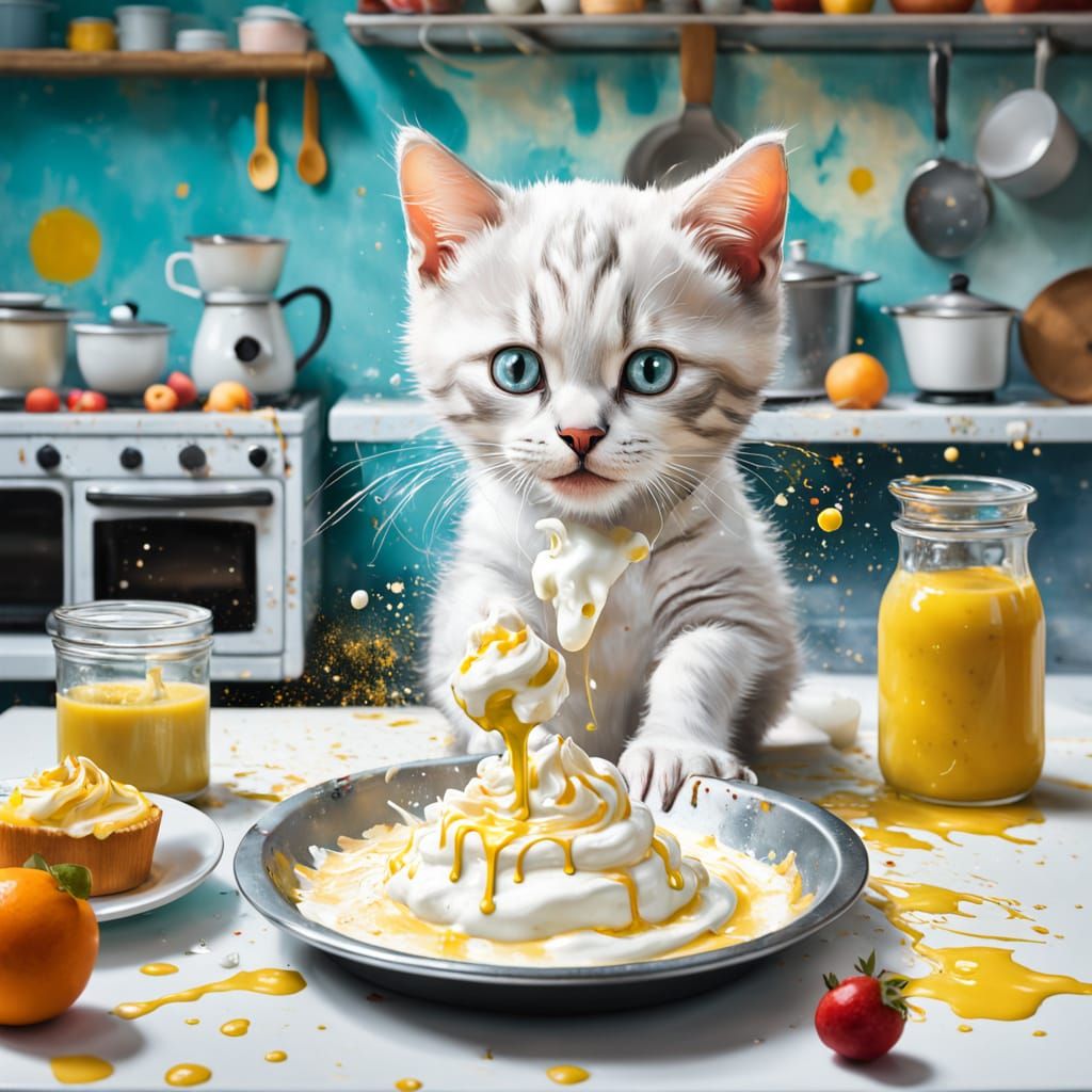 Whimsical Surrealist Scene: Cream Chaos in Kitchen